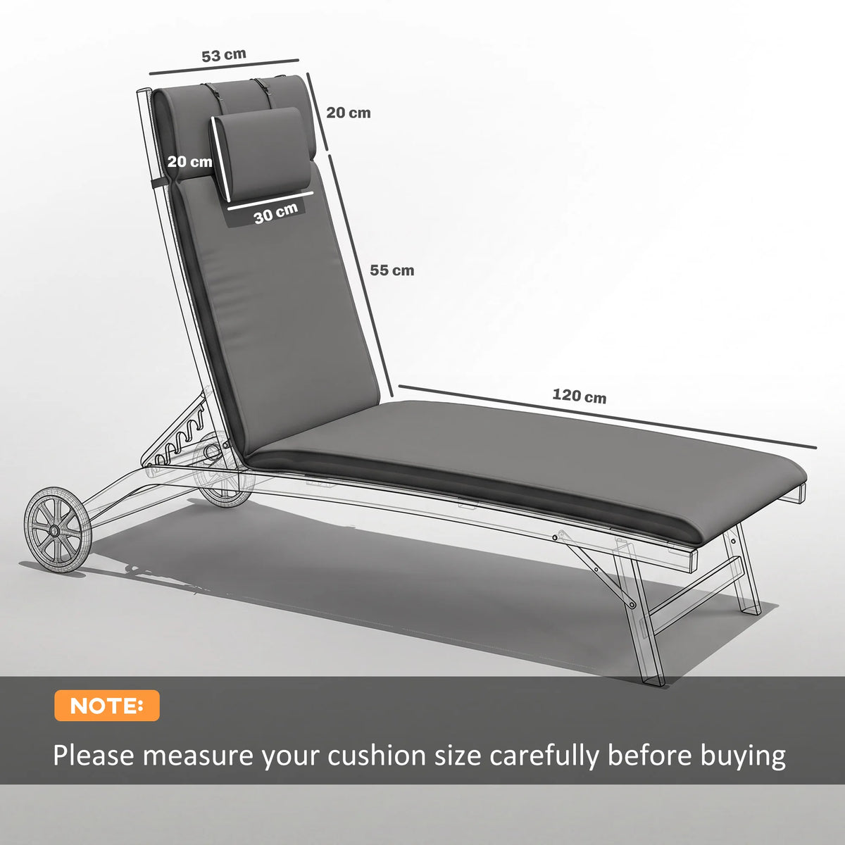 Garden Sun Lounger Cushion Only, Soft Reclining Padded with Pillow, Grey