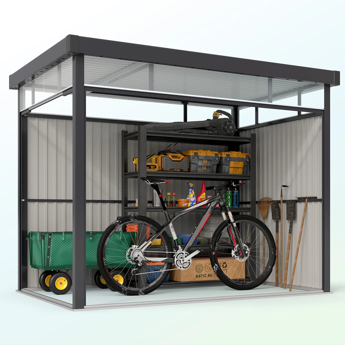 5.3 x 8.5ft Galvanised Steel Garden Shed with Acrylic Roof Windows, Dark Grey