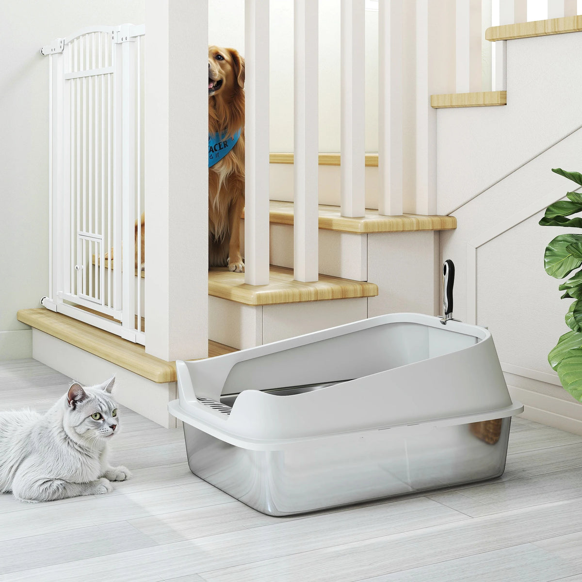 XL Stainless Steel Cat Litter Box with High Sides and Scoop, 60 x 40 x 30cm