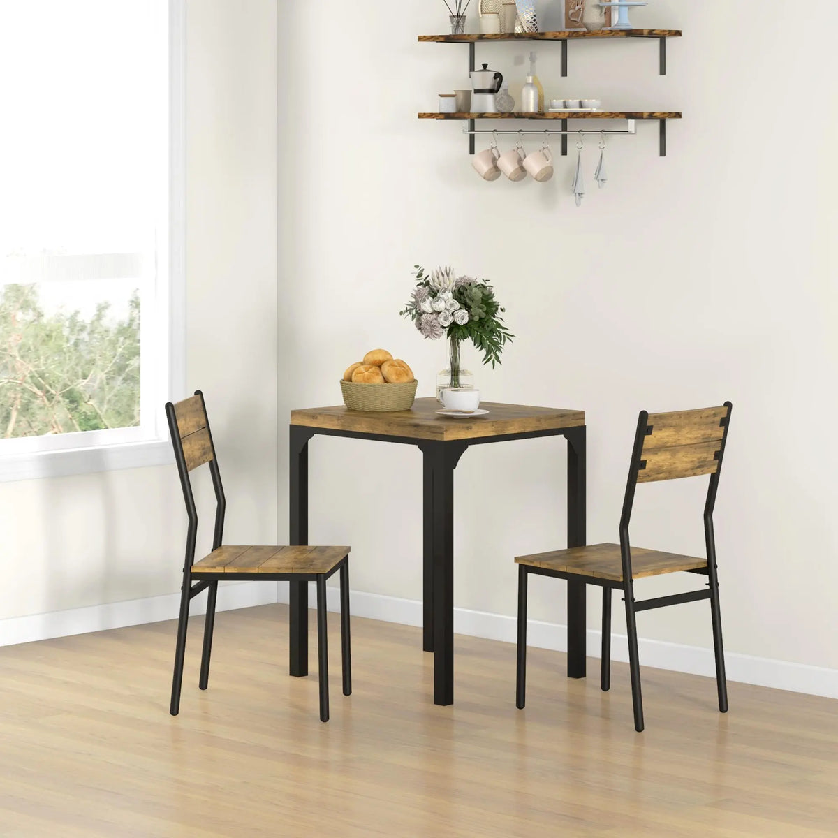 3 Piece Compact Dining Table and 2 Chairs Set MDF Wood Effect Tops Powder Coated Steel Frames Rustic Brown