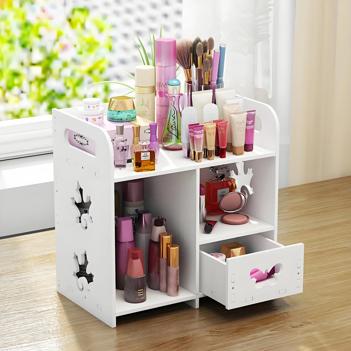 Makeup Organiser Rack 27x16x30cm White Desktop Cosmetic Storage Shelf with Drawer Multi Layer Zoned Design
