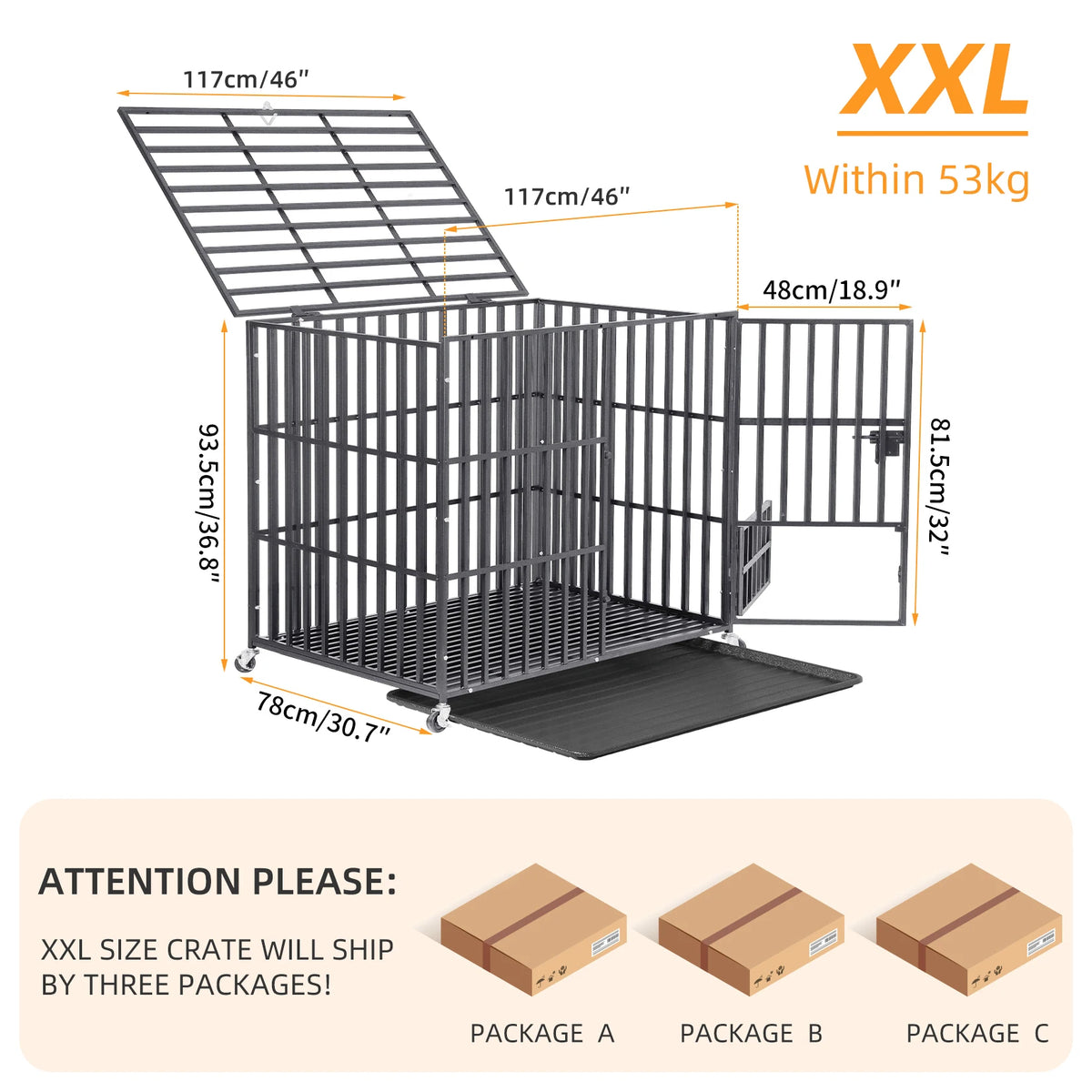BINGOPAW Large Heavy Duty Dog Crate 95x57x81cm 4 Lockable Wheels 3 Doors Tray for Medium Large Dogs