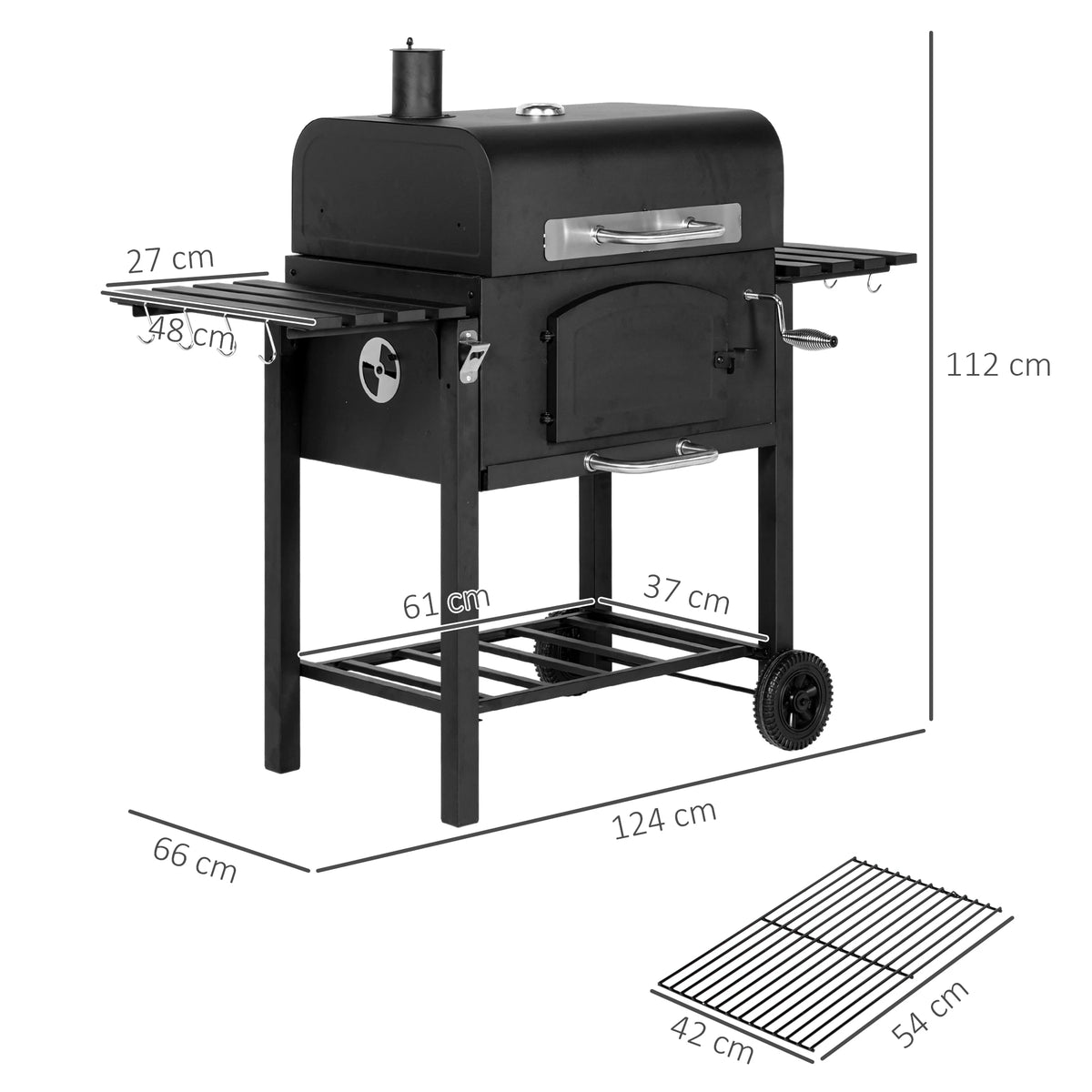 Charcoal Grill BBQ Trolley w/ Adjustable Charcoal Height & Thermometer