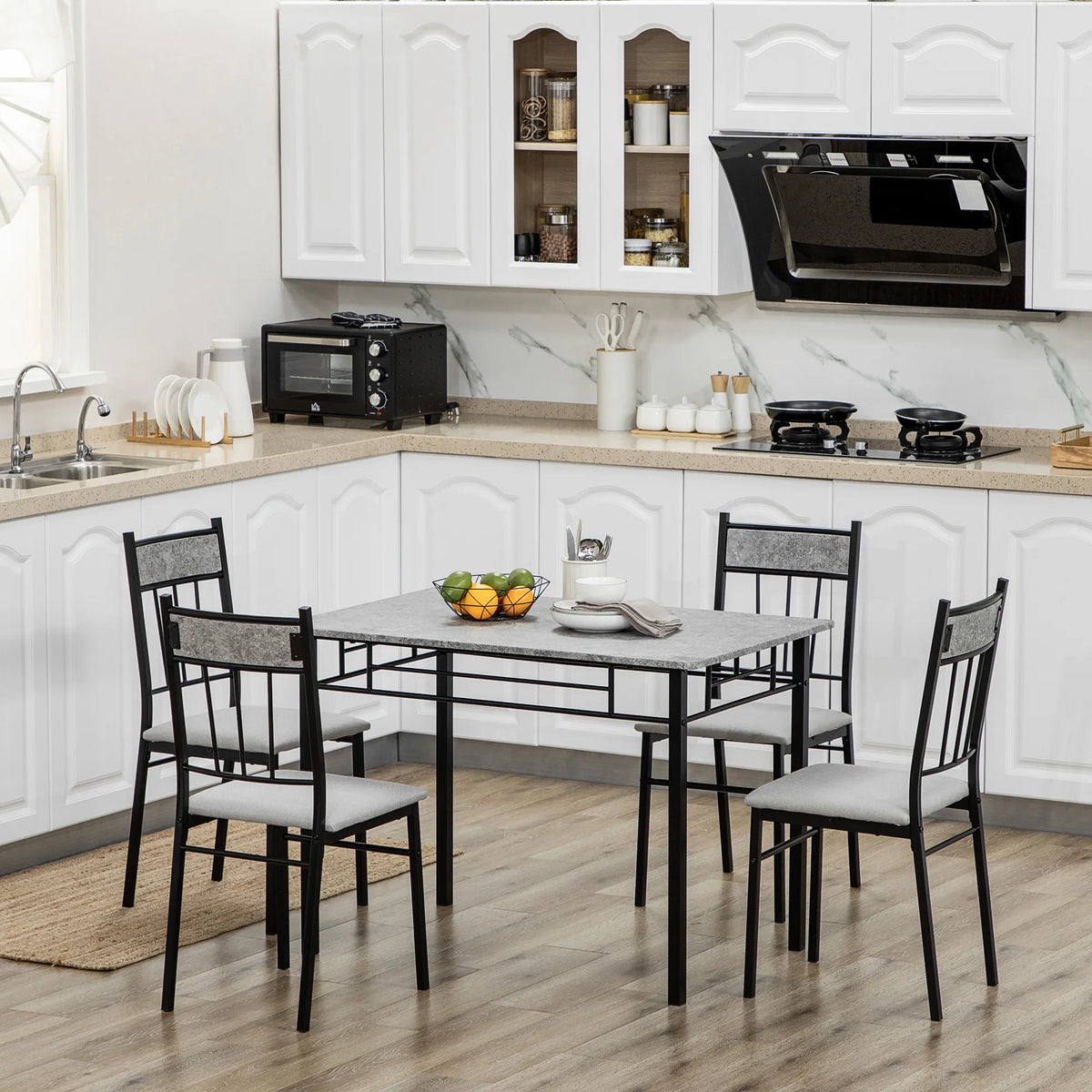 5 Piece Dining Table and Chairs Set with Marble-Effect Top, Space-Saving