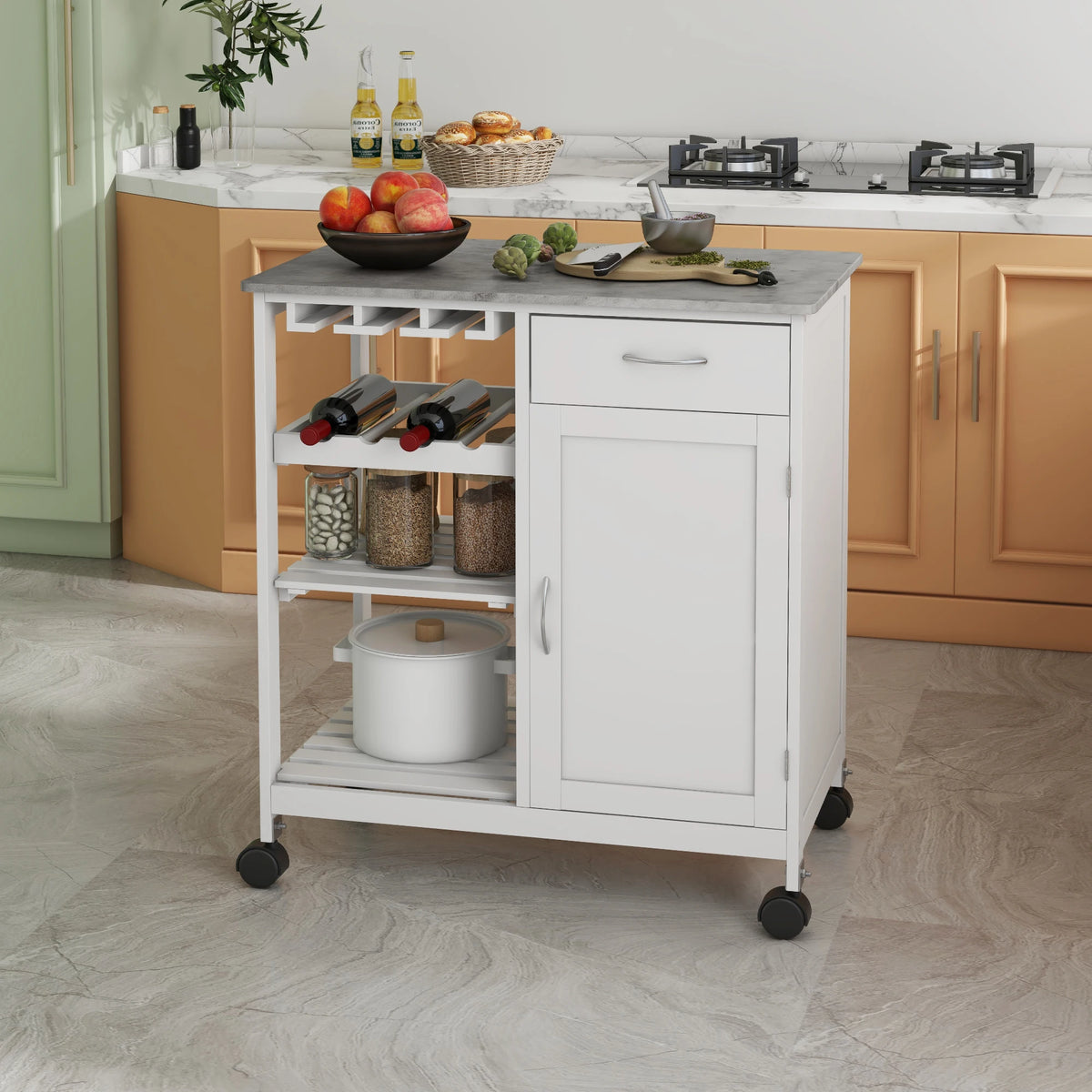 Kitchen Trolley Utility Cart with Wheels, Wine Rack, Open Shelf and Cabinet