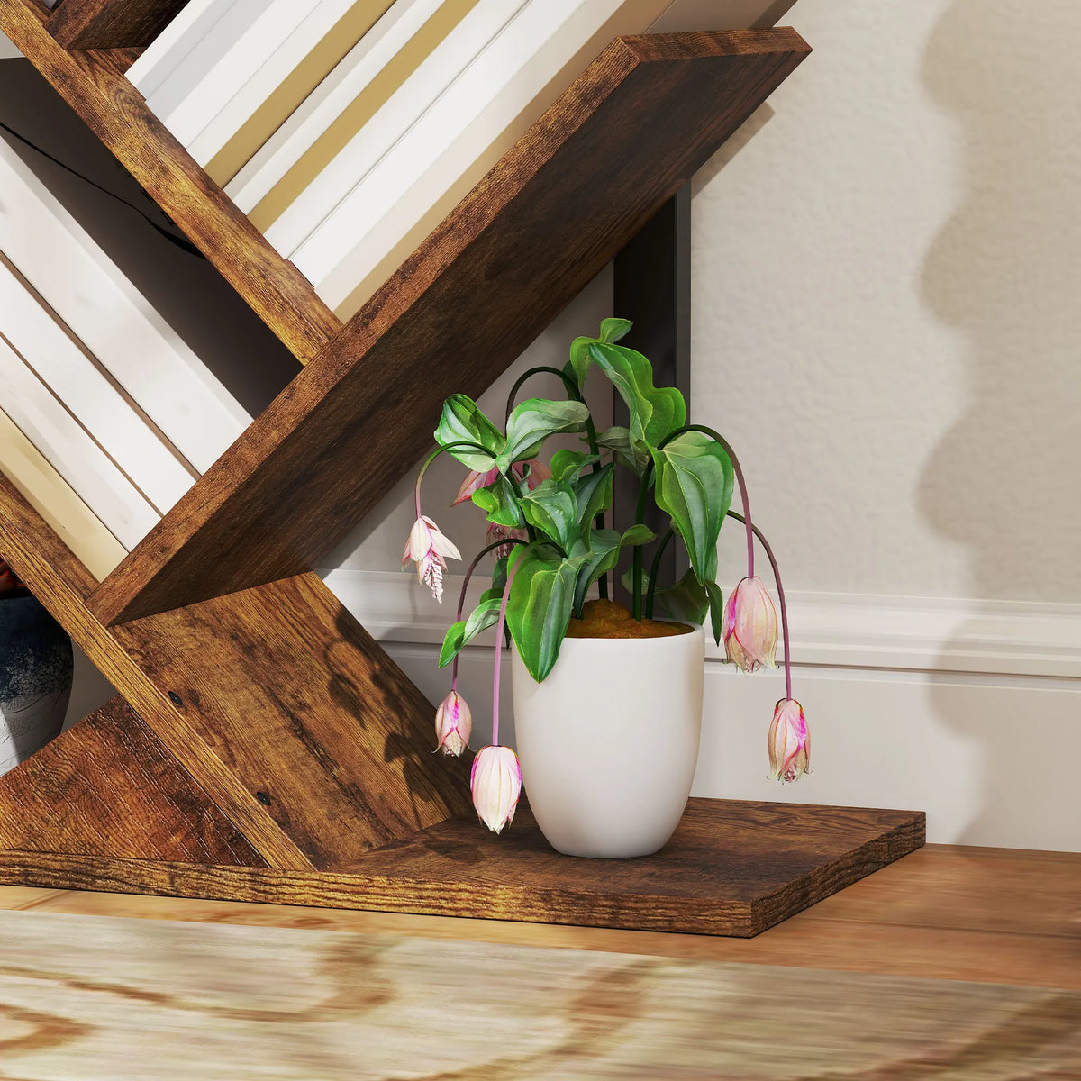 7-Tier Tree Bookshelf with Steel Frame for Living Room, Rustic Brown