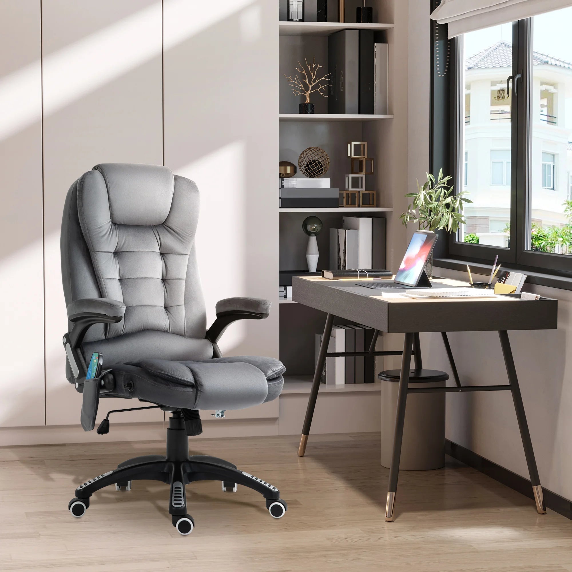 Grey Velvet Massage Office Chair with 6 Massage Points and Heat | 130° Reclining Height Adjustable Desk Chair