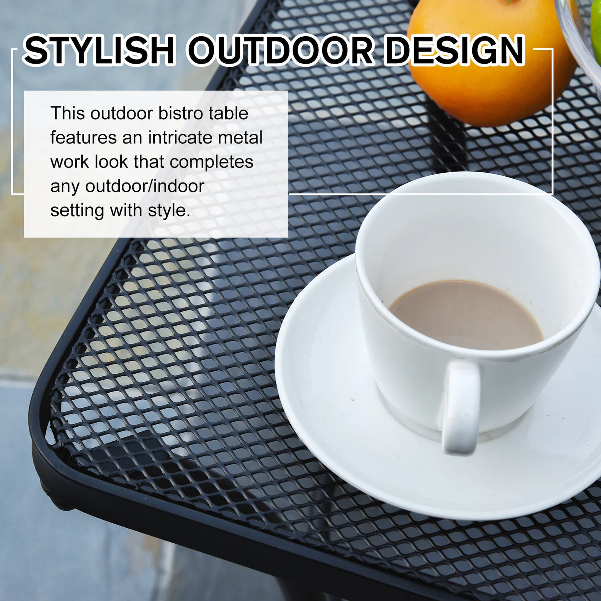 Square Garden Bistro Table 45x45x50cm Powder Coated Steel Mesh Top Curved Base Outdoor Side Table Black