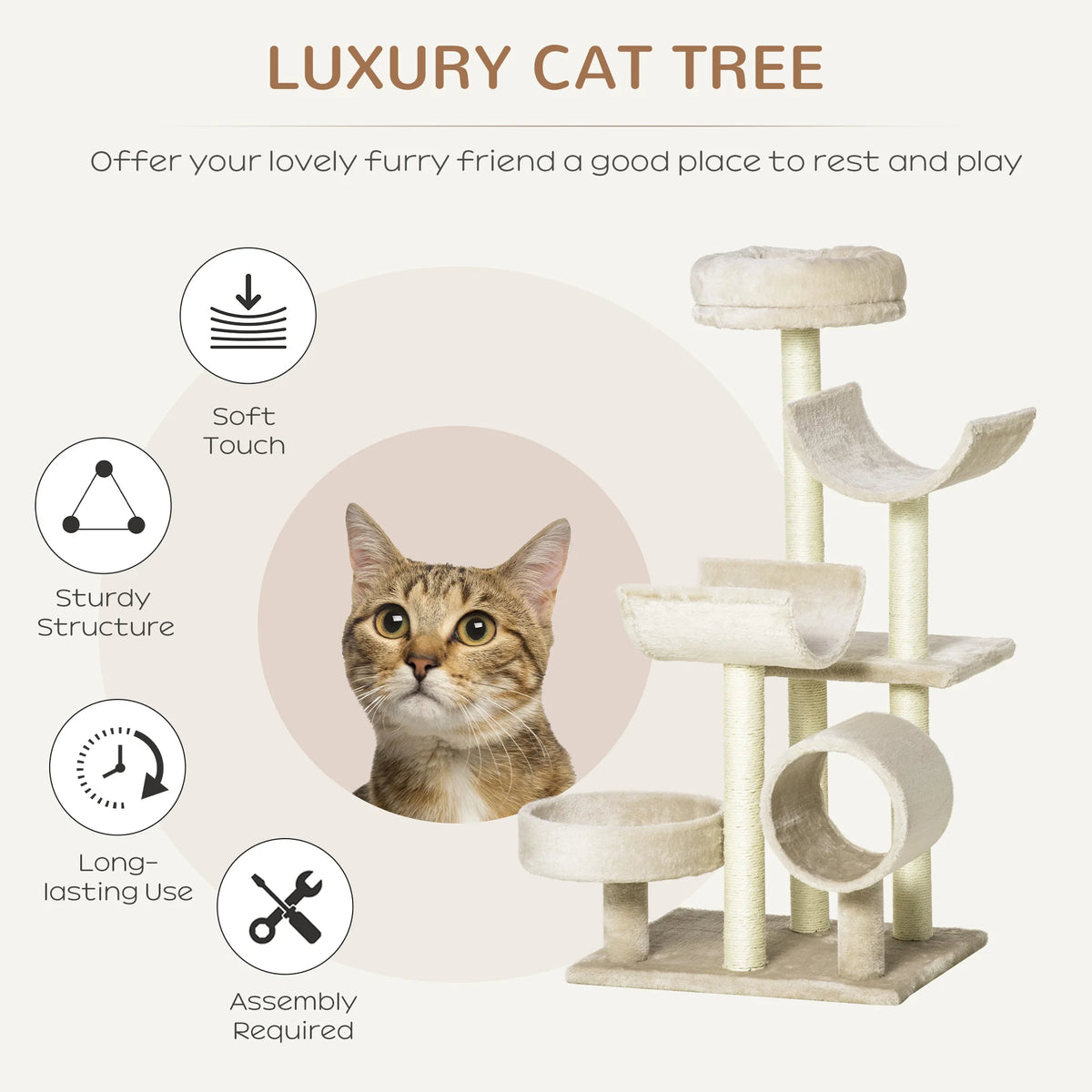 Cat Tree for Indoor Cats with Scratching Post, Perch & Tunnel, Beige