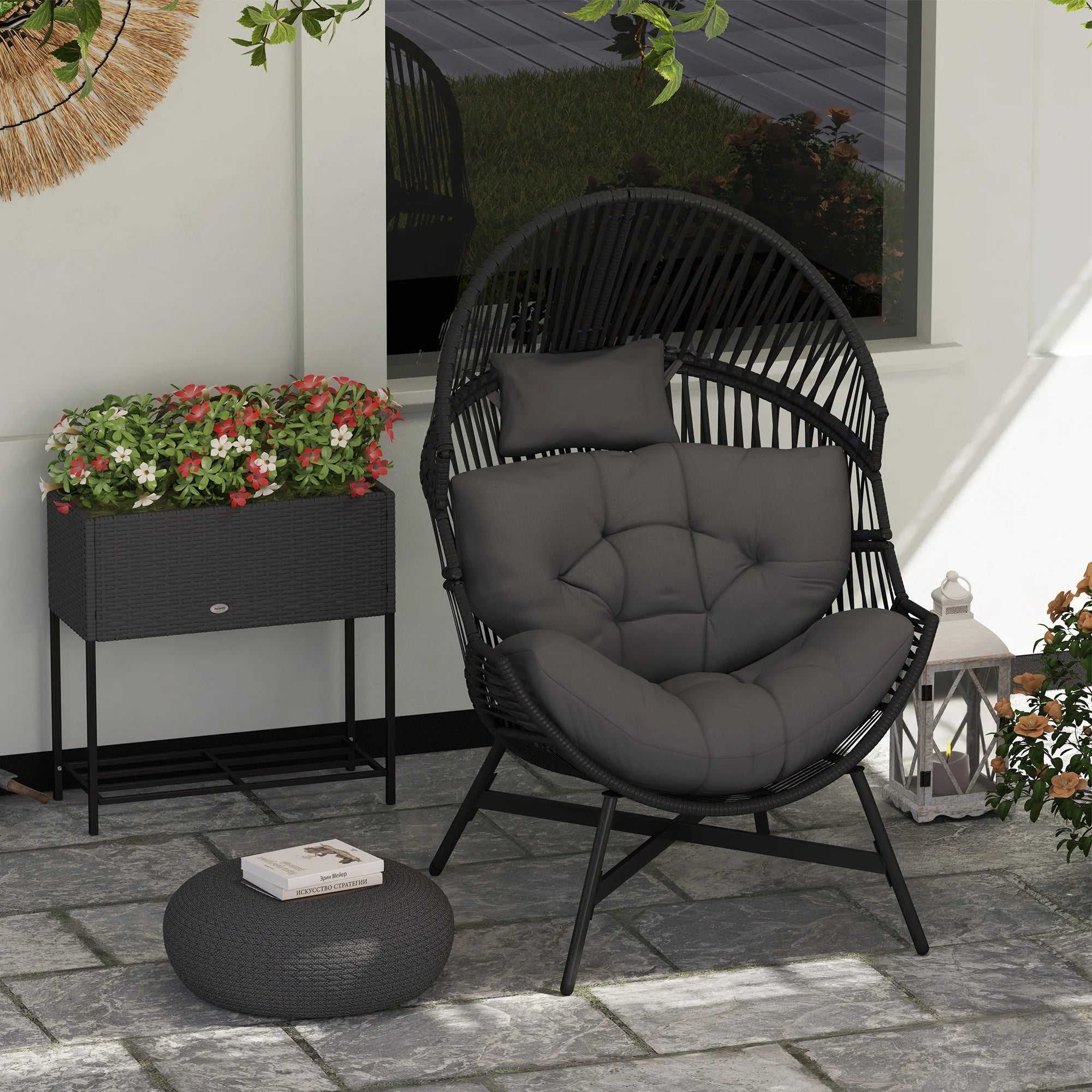 Standing Rattan Egg Chair with 11cm Seat Cushion, Neck Pillow and Four-Leg Steel Base