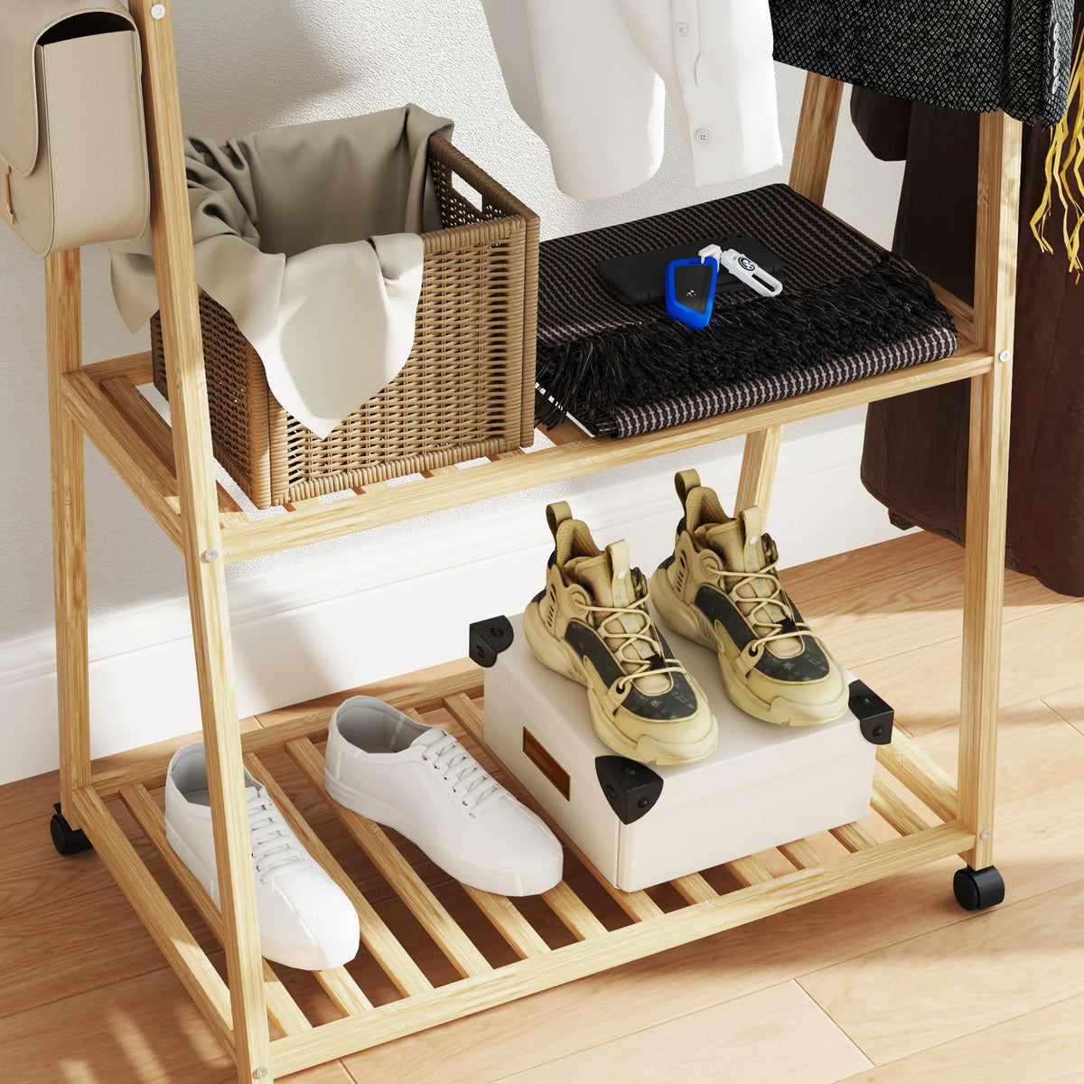 Bamboo Clothes Rail with 2 Shelves, Hooks and Wheels