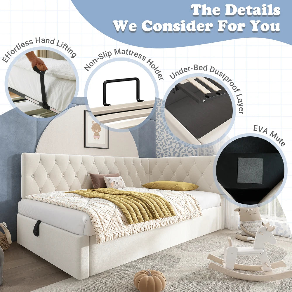 3ft Single Ottoman Daybed with Hydraulic Storage, Velvet Upholstered Sofa Bed, Beige