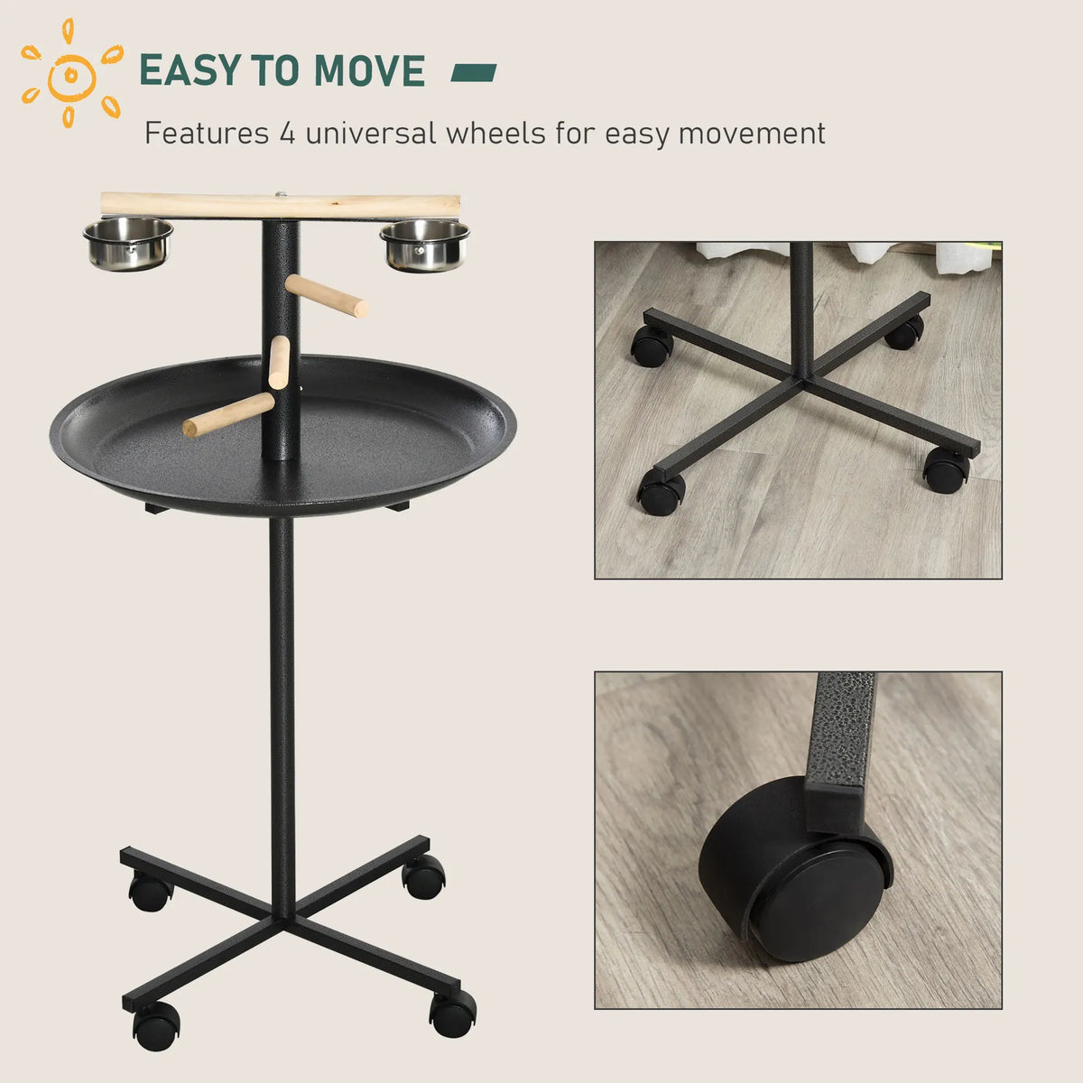 Metal Bird Feeding Station Play Stand with Wheels 2 Stainless Steel Bowls and Catch Tray 111cm Grey