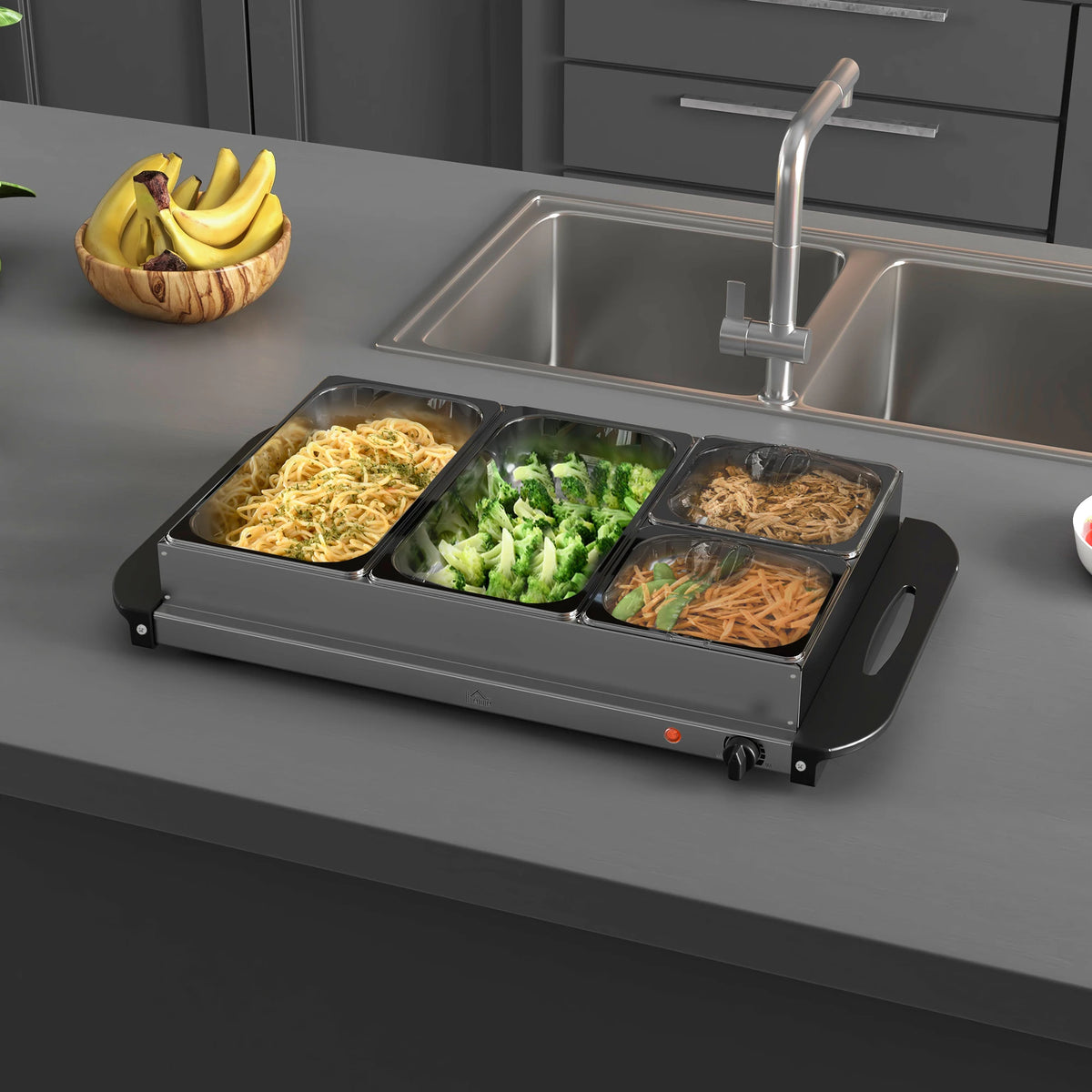 4-Tray Electric Buffet Food Warmer with Adjustable Temperature, 300W, Stainless Steel