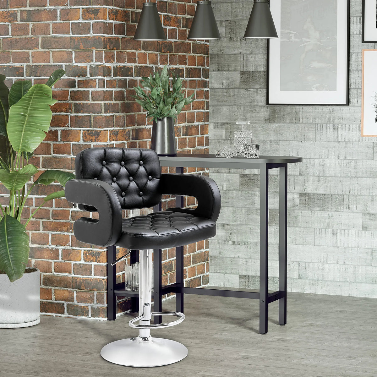 Adjustable Height Barstool, Steel Pole PU Leather, Black