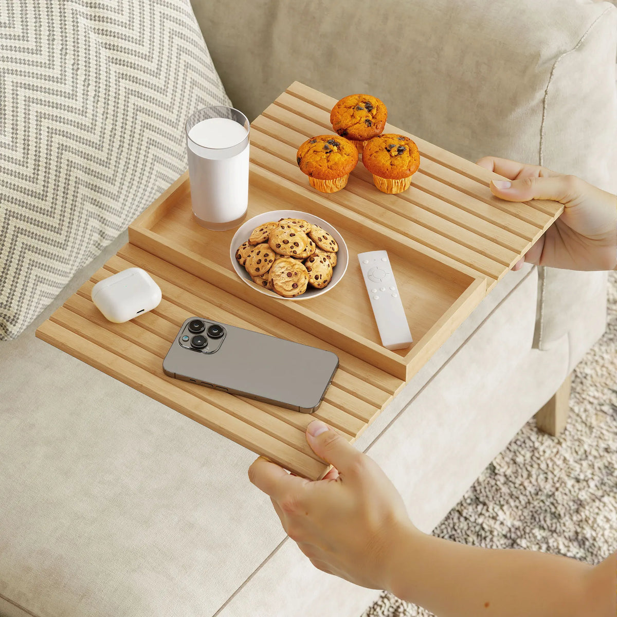 Bamboo Sofa Arm Tray, Roll-Up Armrest Table, Natural