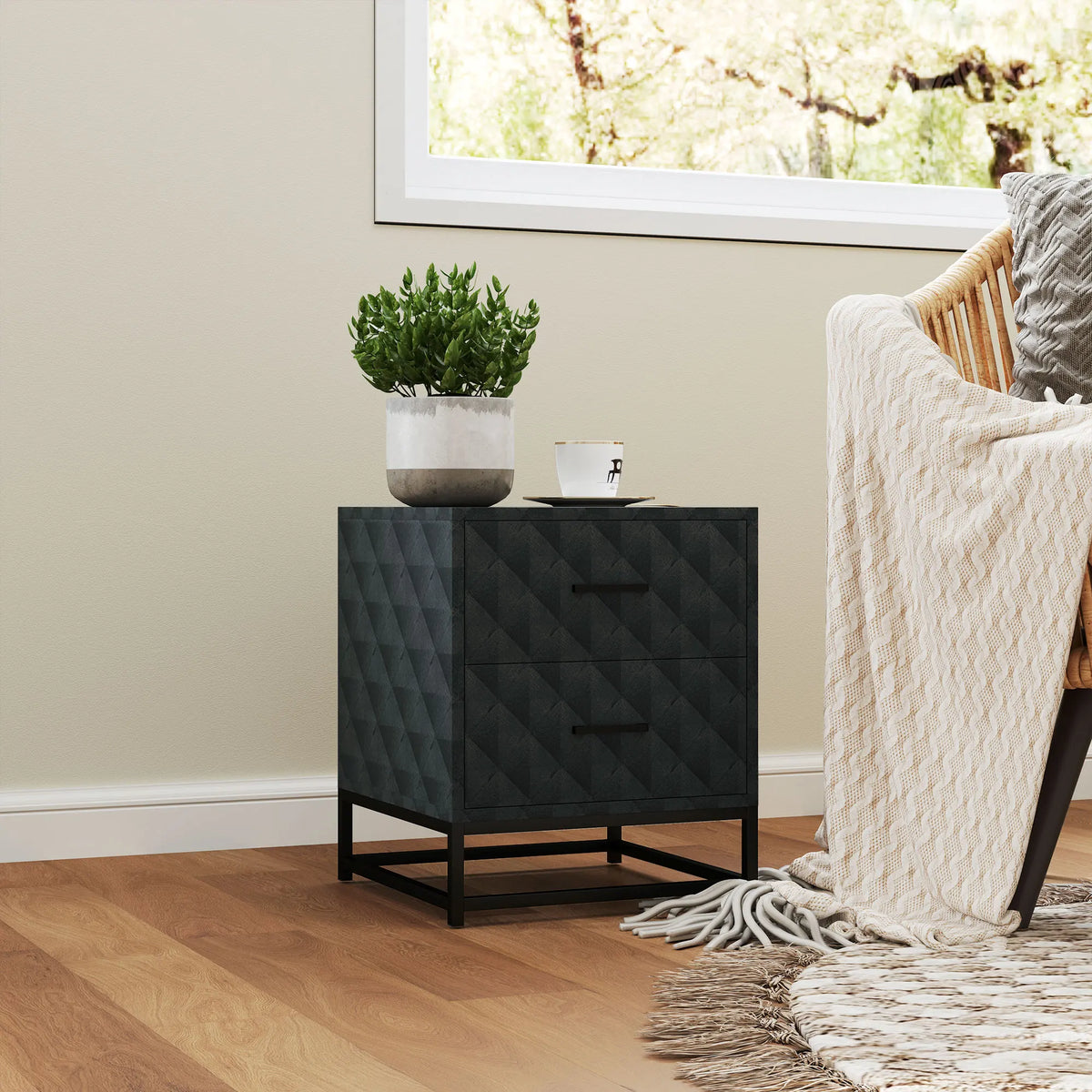 Bedside Tables Set of 2 with 2 Drawers and Steel Legs, Black