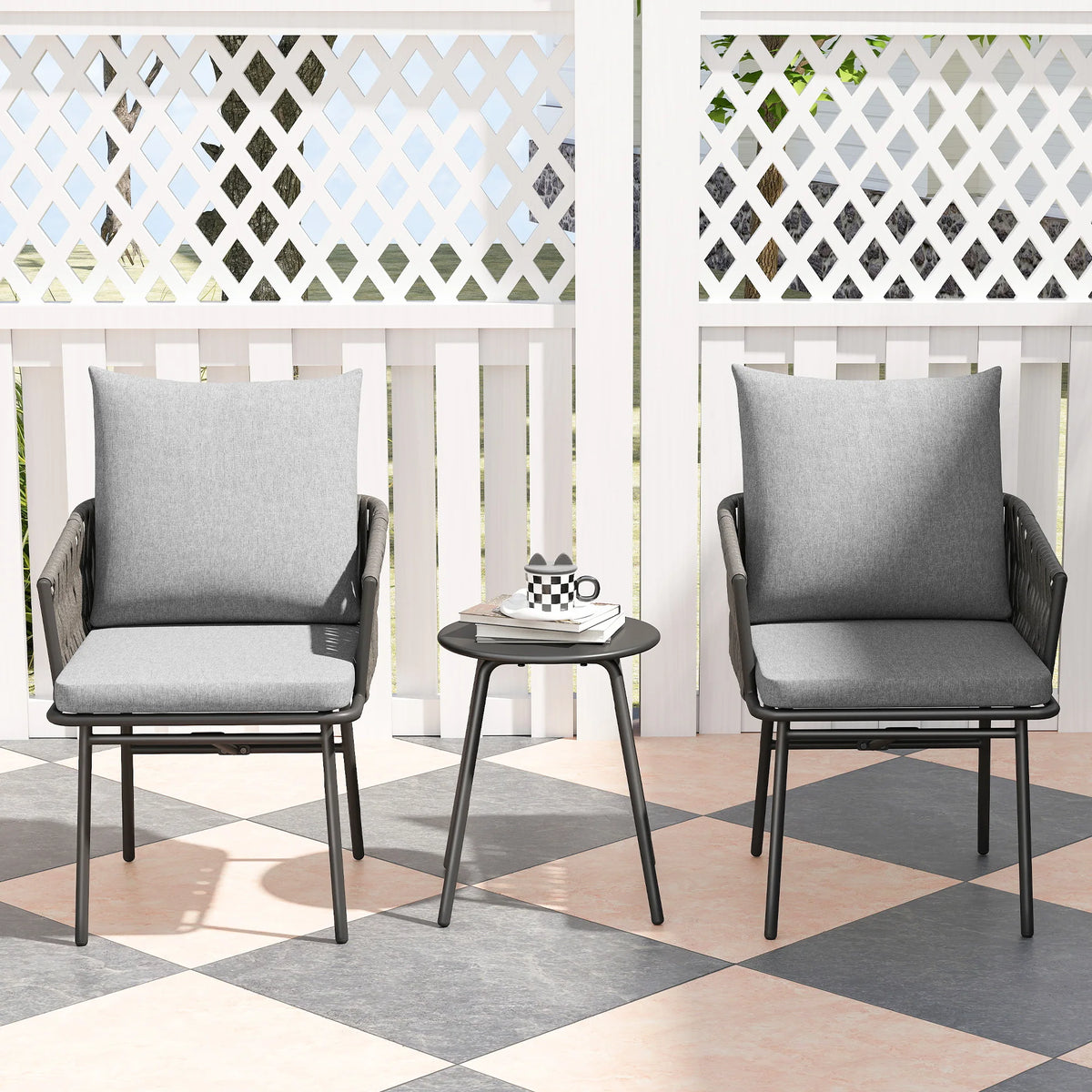 3 Piece Rattan Bistro Set with 4 Cushions, Garden Table and 2 Chairs, Grey