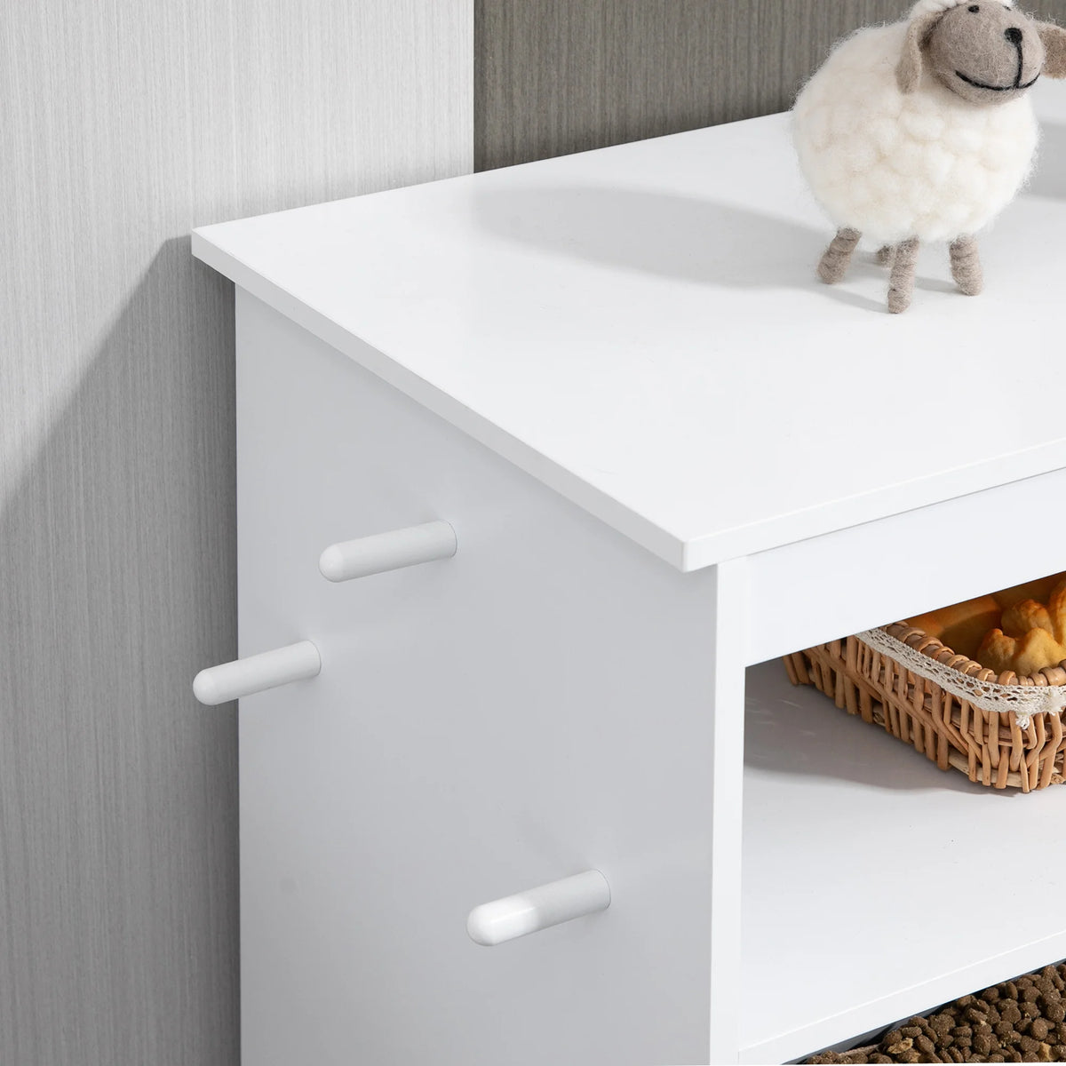 Pet Feeder Station with Storage Cabinet 61x82cm 2 Raised Bowls in Pull Out Drawer and 3 Side Hooks MDF