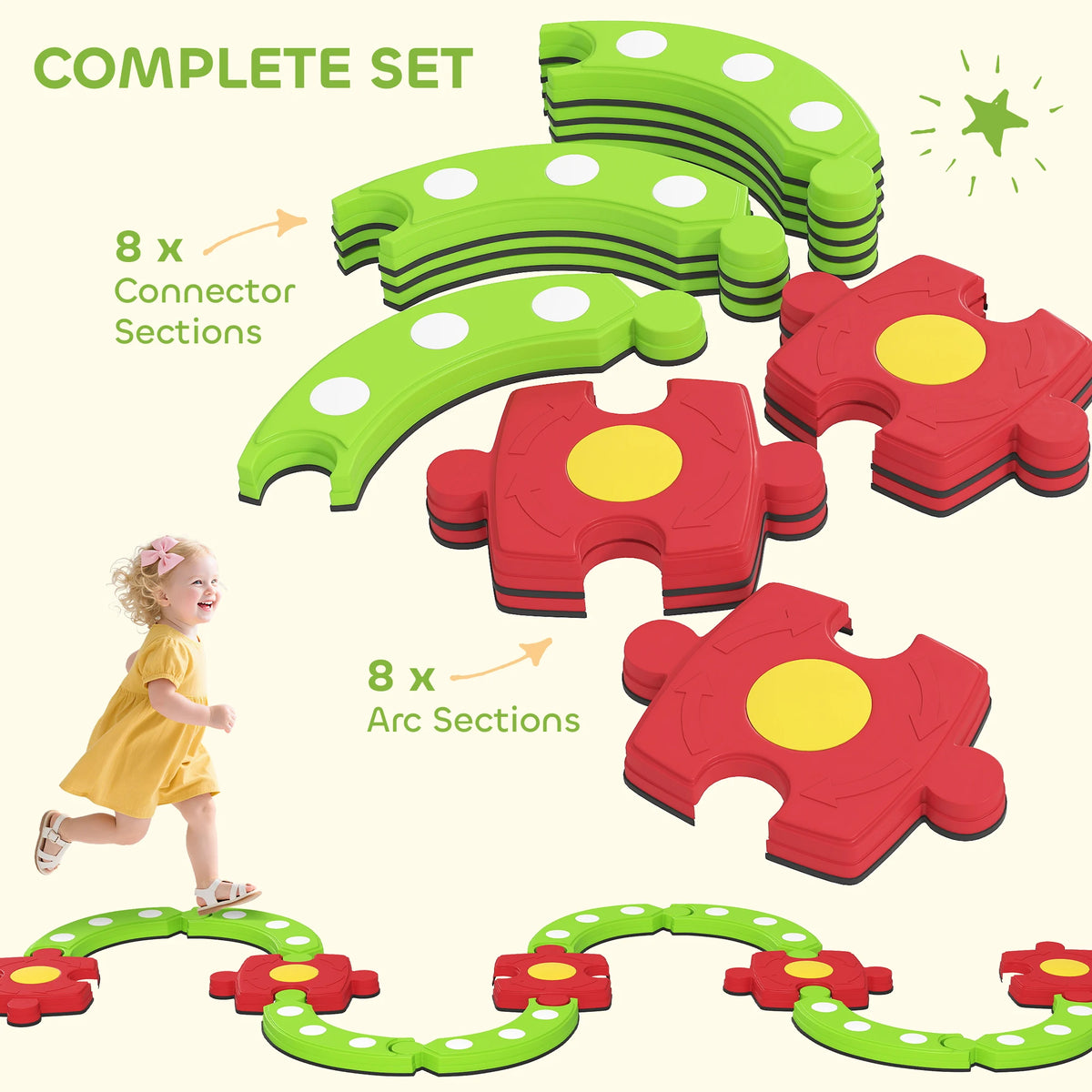 Kids Balance Beam and Stepping Stones Modular Sensory Set with Textured Bumps 50kg Indoor Outdoor Green