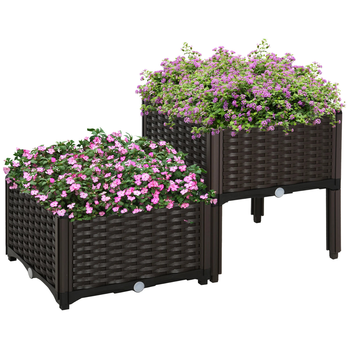 Set of 2 Raised Planters 40x40x44cm Rattan Effect Plastic Plant Stands with Self Watering Discs Brown