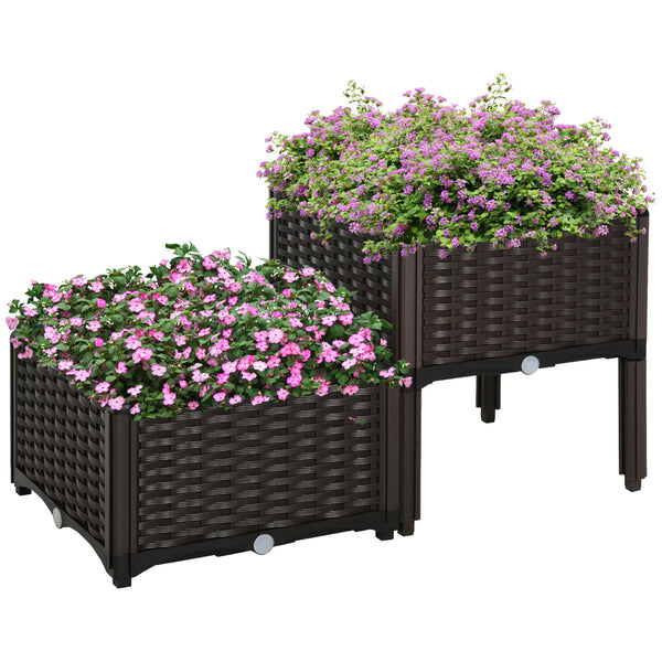 Set of 2 Raised Planters 40x40x44cm Rattan Effect Plastic Plant Stands with Self Watering Discs Brown