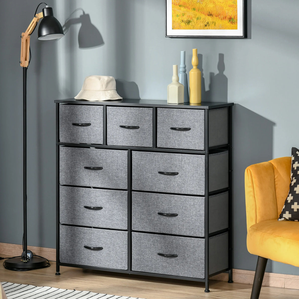 9-Drawer Fabric Chest of Drawers with Steel Frame, Black and Grey