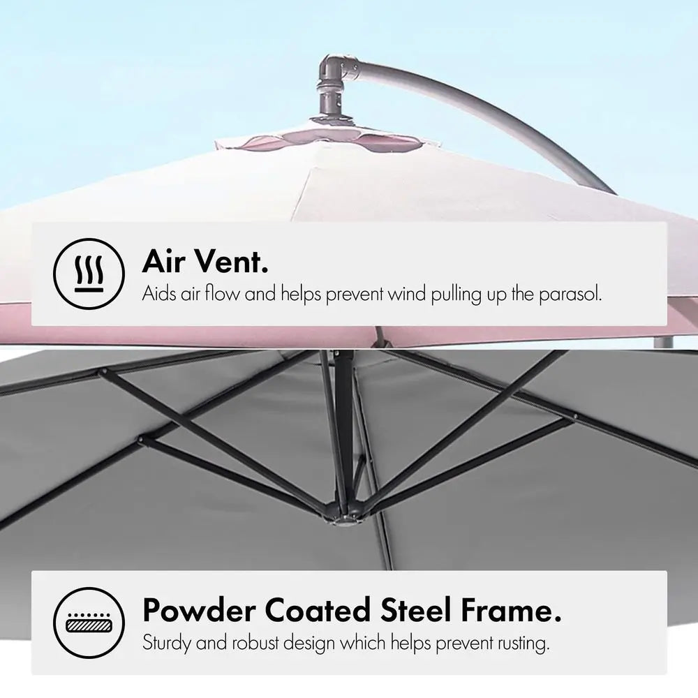 3m Cantilever Banana Parasol with Hand Crank, Tilt & Rotate, Grey Canopy