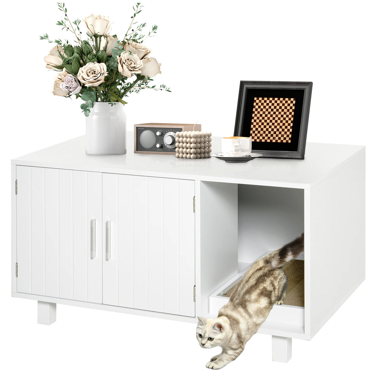 Cat Litter Box Enclosure and Side Table with Removable Scratcher