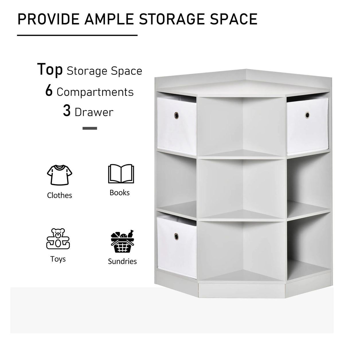 Kids Corner Bookcase 3 Tier with 9 Compartments and 3 Fabric Drawers Anti Tip Device MDF Melamine