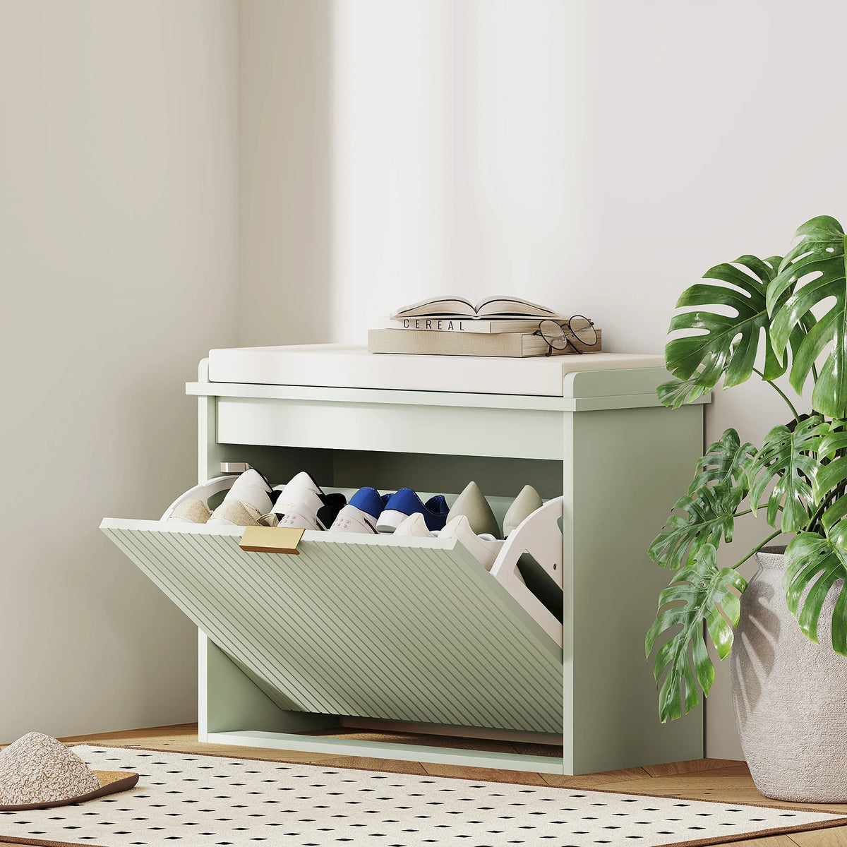 Shoe Storage Bench with Cushioned Seat and Flip Drawer, 62 x 26 x 47.5 cm, Green