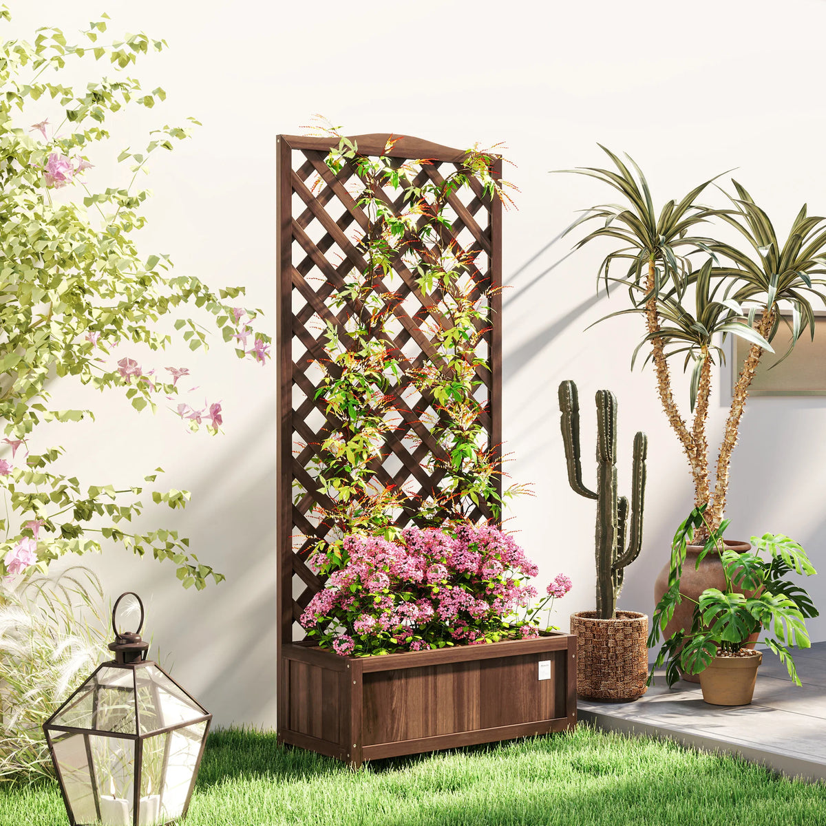 Garden Wooden Planter Box with Trellis Lattice Flower Raised Bed, Dark Brown