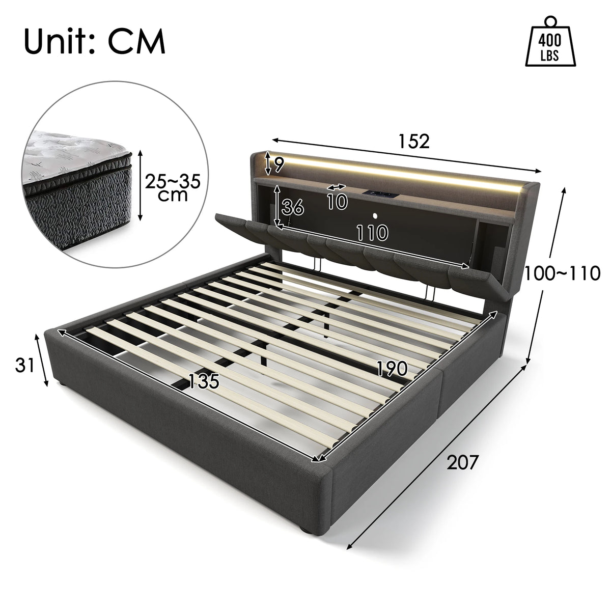 4ft6 Double Upholstered Bed Frame with LED Lighting & USB Charging Storage Headboard, Grey Linen