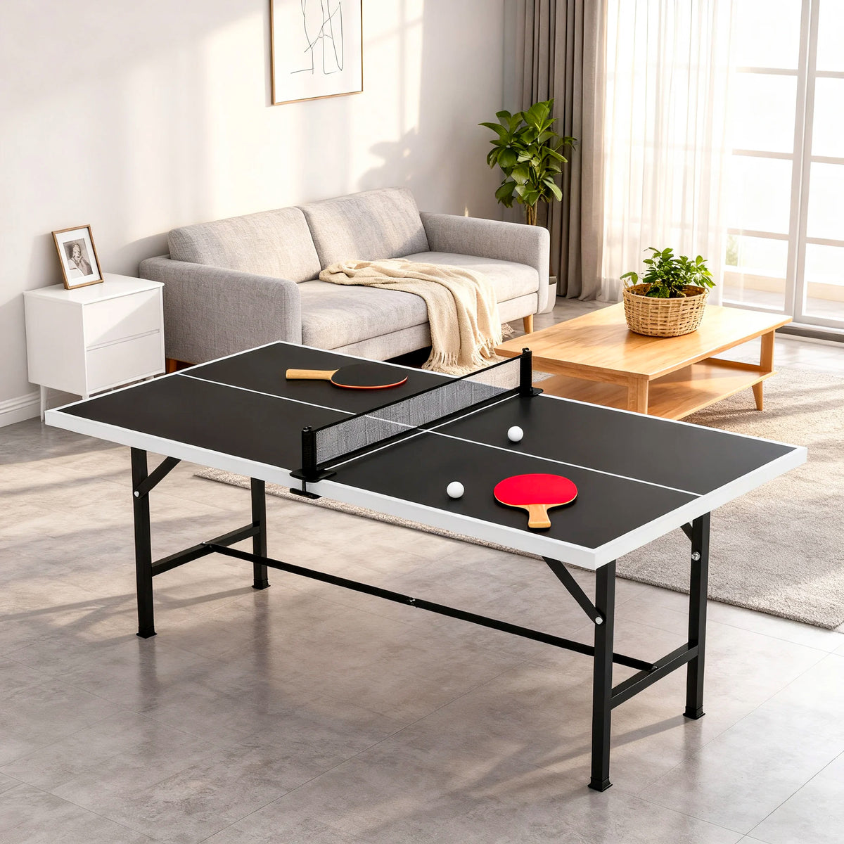 5ft Folding Mid-Size Table Tennis Table with Net, 2 Bats and 3 Balls