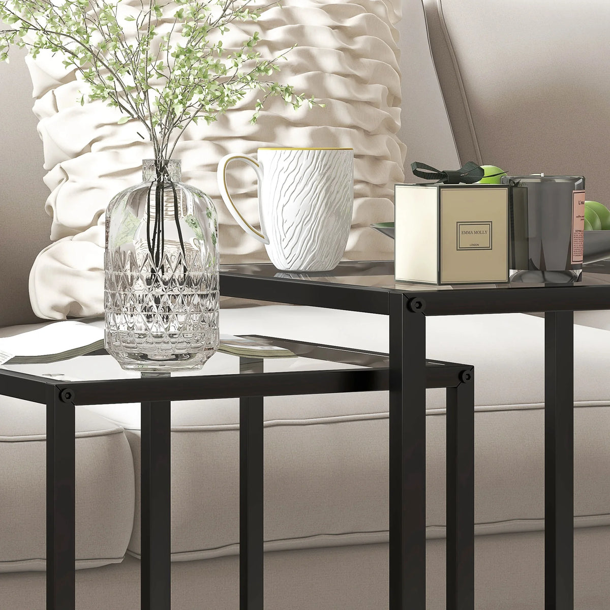 Nesting Tables Set of 2, End Table with Tempered Glass Top, Black