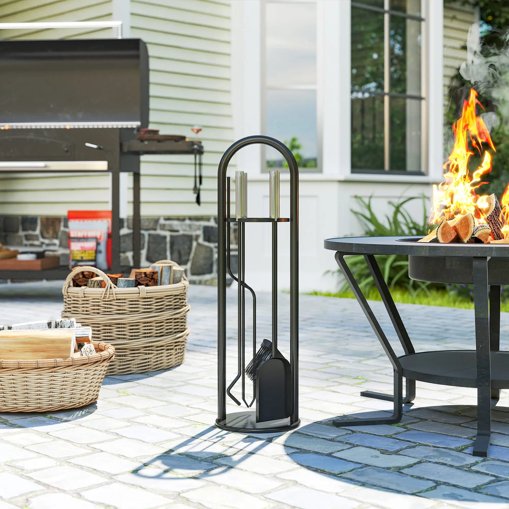 5 Piece Fireplace Companion Set Metal Fireside Tool Kit with Stand for Indoor Fireplace Silver