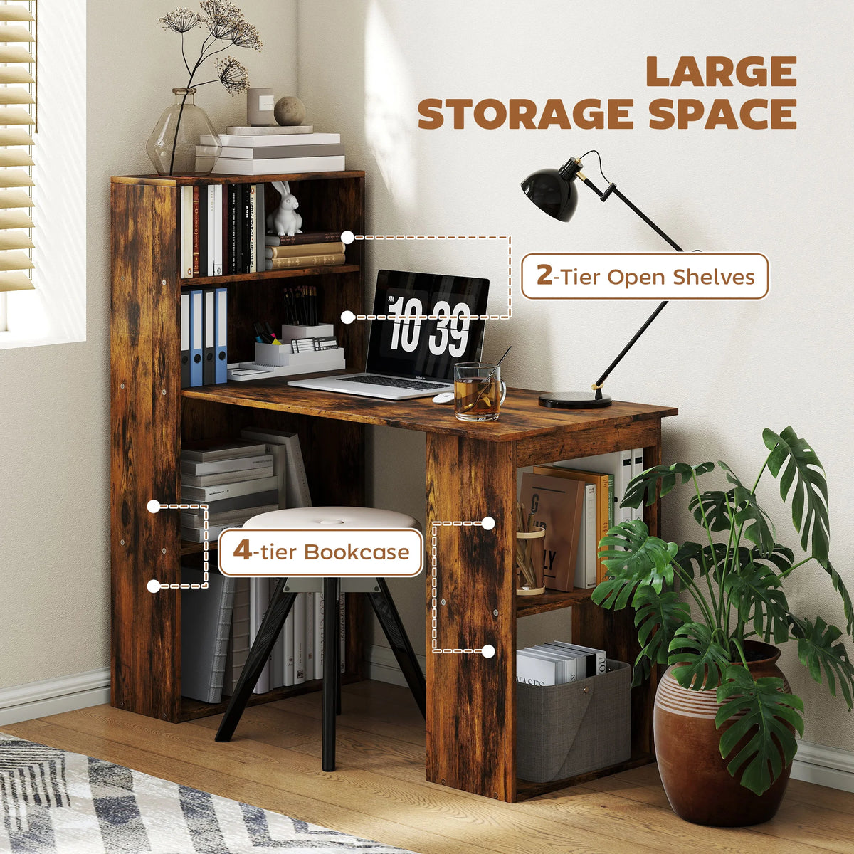 120cm Computer Desk with Bookshelf, 6-Shelf Writing Table