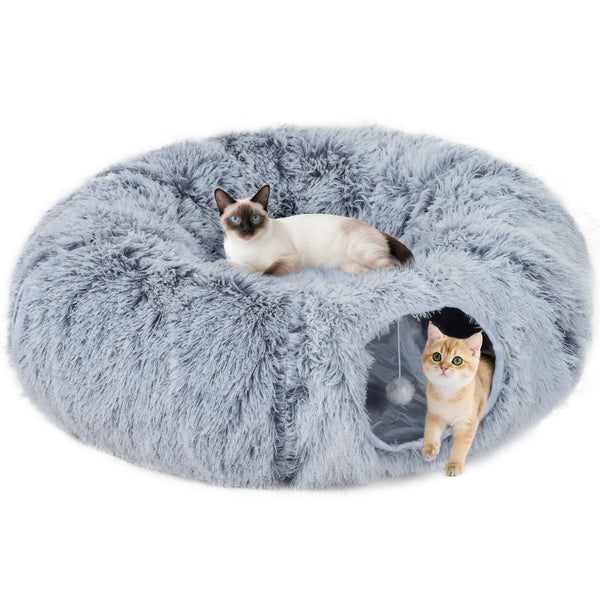 Cat Play Tunnel Bed with Washable Cushion and Toy Ball, Light Grey
