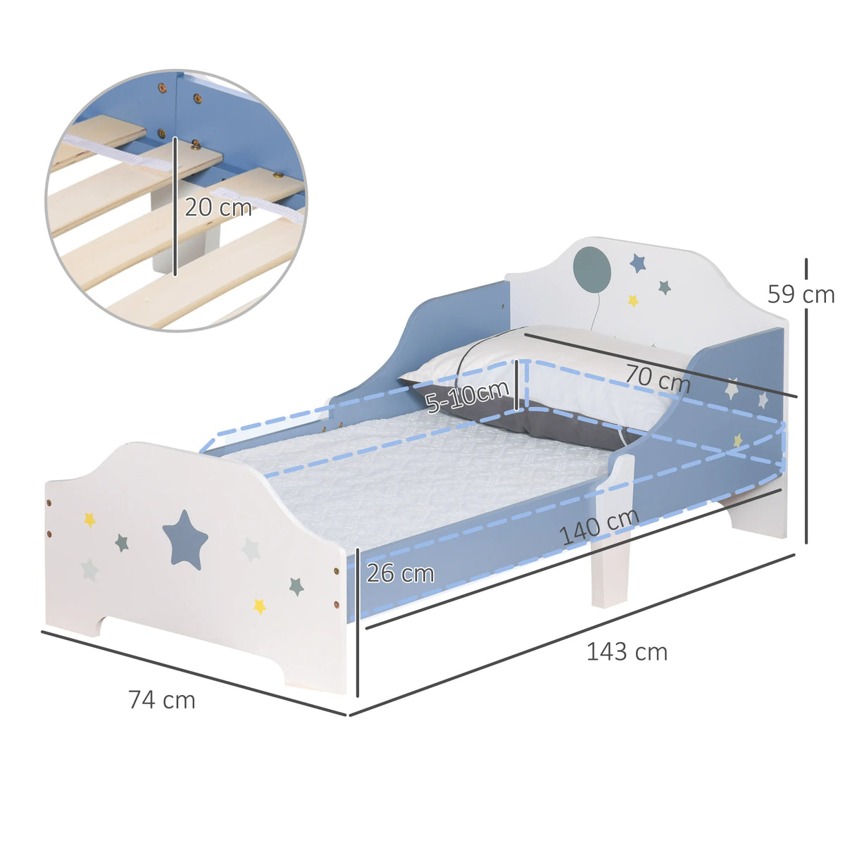 Toddler Bed Frame with Guardrails Low Rise Poplar Wood and MDF with Slats Star Design 50kg Blue and White