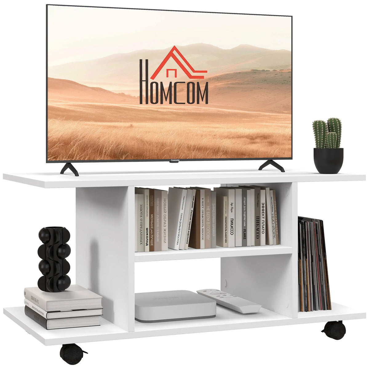 Modern 3-Tier TV Stand with Wheels and Open Shelves, White