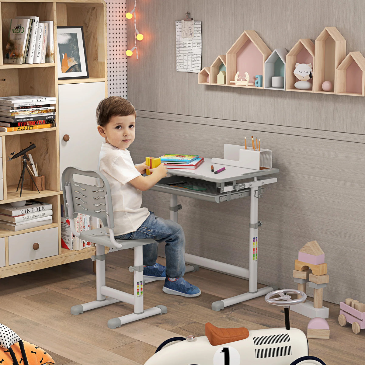 Kids Desk and Chair Set with Height Adjustment and Tilting Top, Ages 6-12