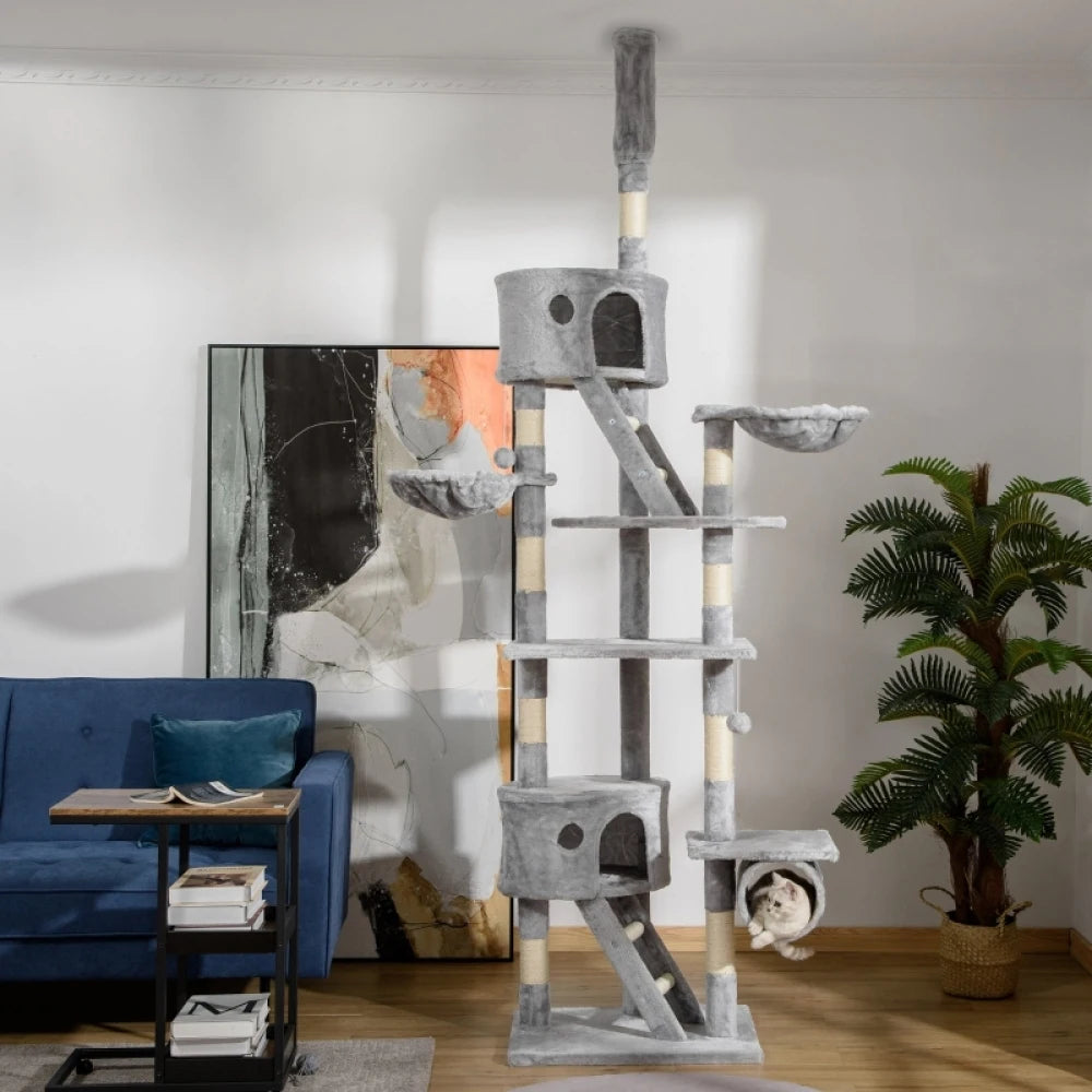 Floor to Ceiling Cat Tree 240-260cm Adjustable Height Light Grey Multi-Level for Indoor Cats