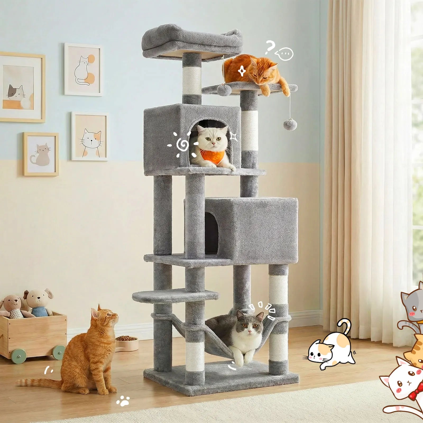 165cm Large Cat Tree Tower 7 Level Sisal Scratching Posts Hammock Padded Perches Condos for Cats