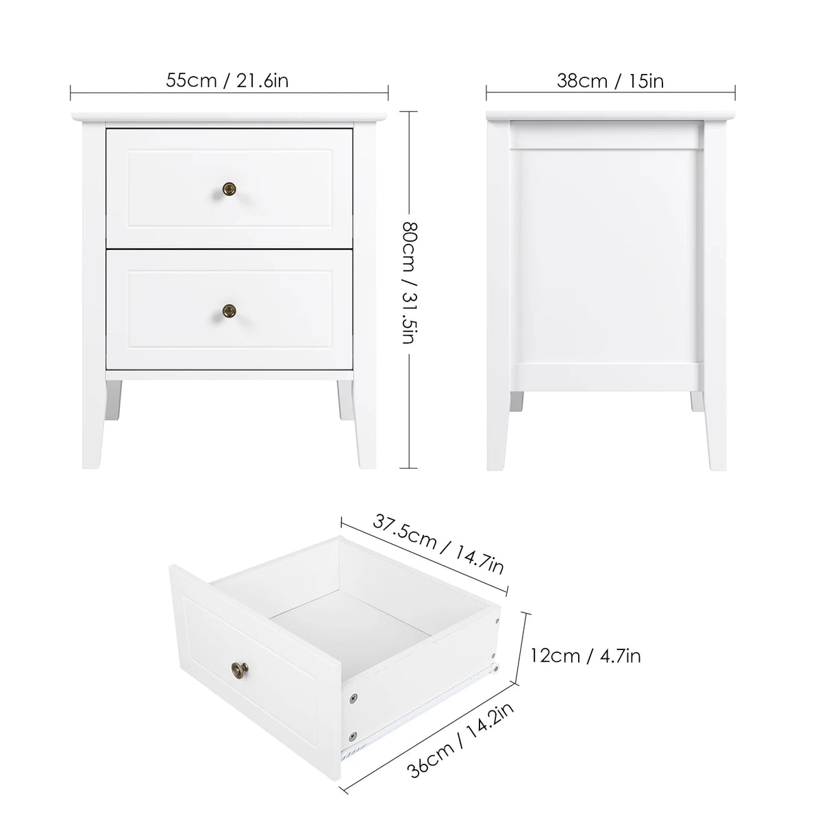 White Bedside Table with 2 Drawers | 50x40x55cm Wooden Nightstand Bedside Cabinet for Bedroom