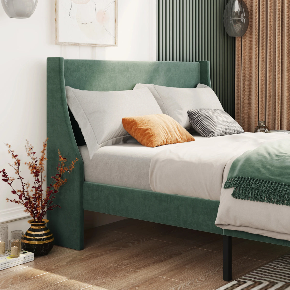 3FT Single Bed with Winged Headboard, Dark Green Velvet Upholstery, Wood Slat Support