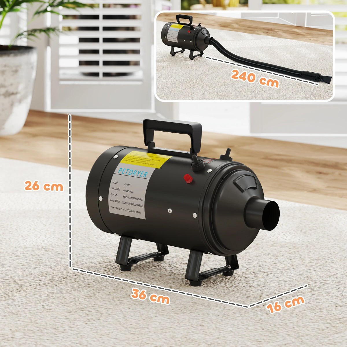 2200W Dog Hair Dryer with Adjustable Temperature & Velocity