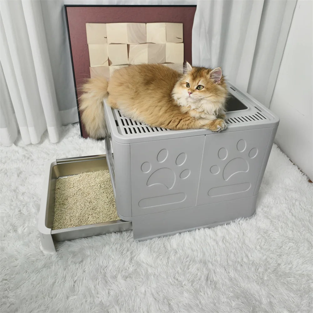 Enclosed Cat Litter Box for Kittens, Top Entry Tray with Steel Drawer