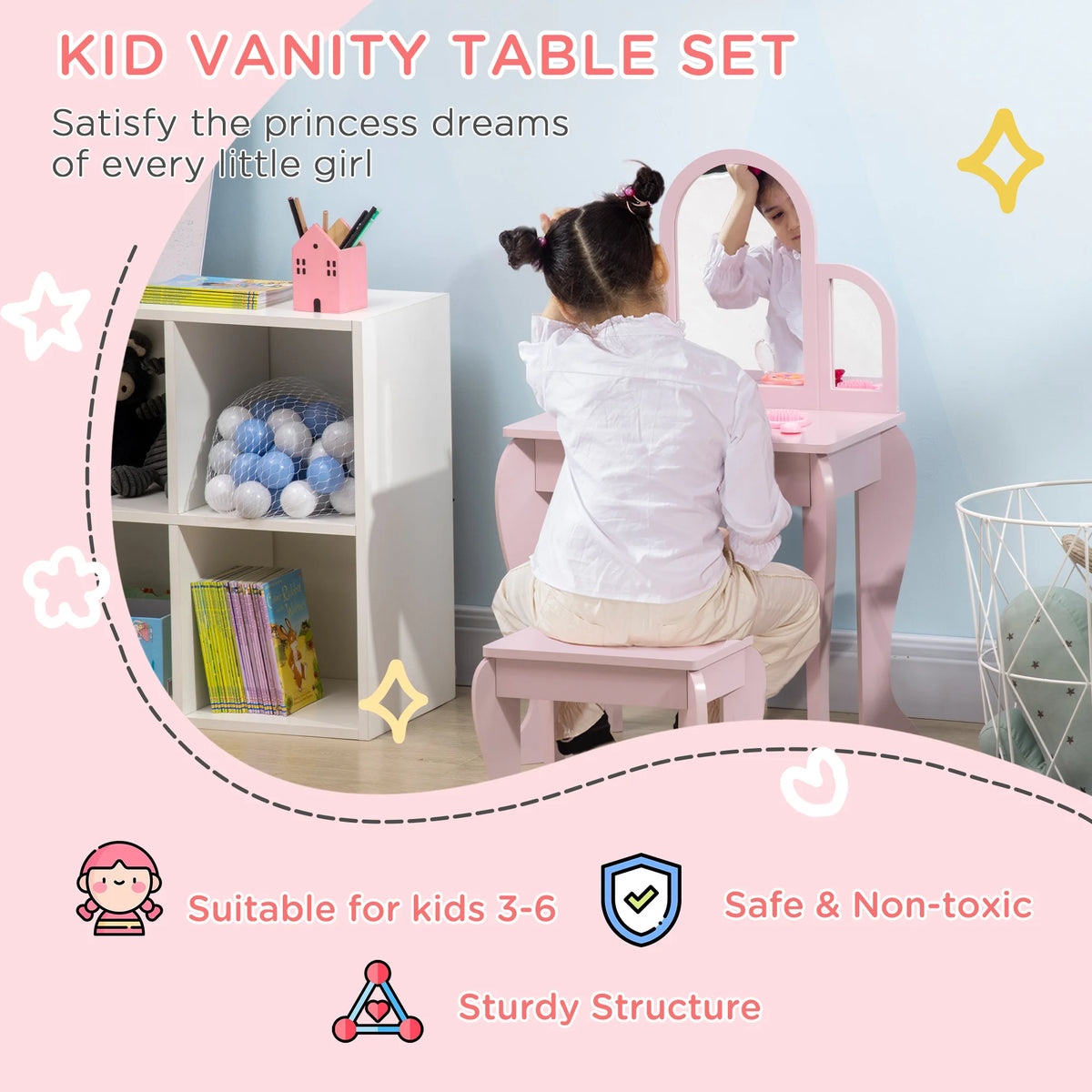 Kids Dressing Table and Stool with 3 Mirrors Drawer Pine Handles MDF Rounded Edges Ages 3-6 Pink