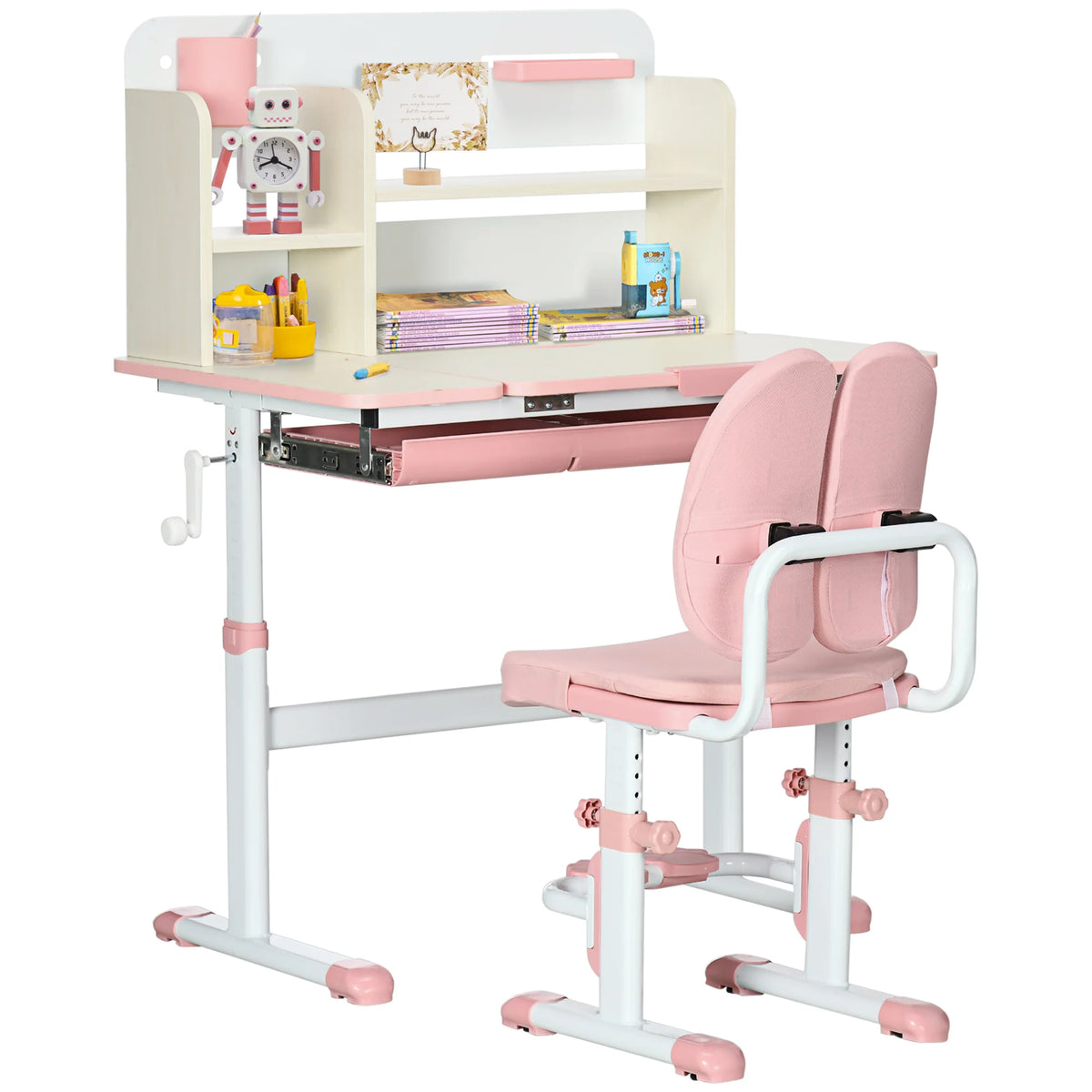 Kids Study Desk and Chair Set Height Adjustable with 60 Degree Tilting Top Drawer Shelf and Pen Holder