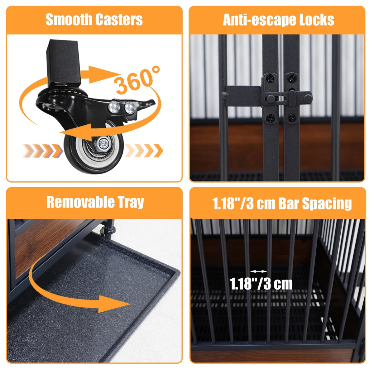 BINGOPAW Heavy Duty Dog Cat Crate Cage Kennel Stackable 2 in 1 Removable Tray Rolling Wheels